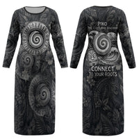 Hawaiian Piko Couples Matching Long Sleeve Bodycon Dress and Hawaiian Shirt Cultural Anchor Connect Your Roots Ocean Waves