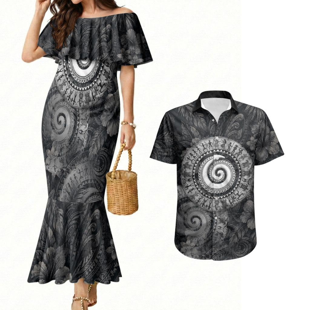 Hawaiian Piko Couples Matching Mermaid Dress and Hawaiian Shirt Cultural Anchor Connect Your Roots Ocean Waves