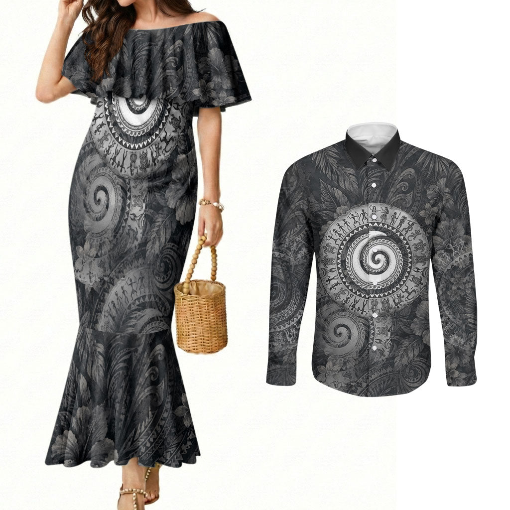 Hawaiian Piko Couples Matching Mermaid Dress and Long Sleeve Button Shirt Cultural Anchor Connect Your Roots Ocean Waves