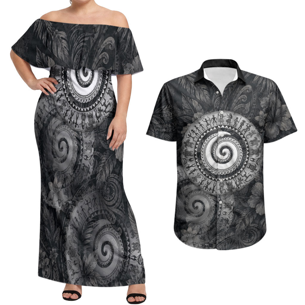 Hawaiian Piko Couples Matching Off Shoulder Maxi Dress and Hawaiian Shirt Cultural Anchor Connect Your Roots Ocean Waves