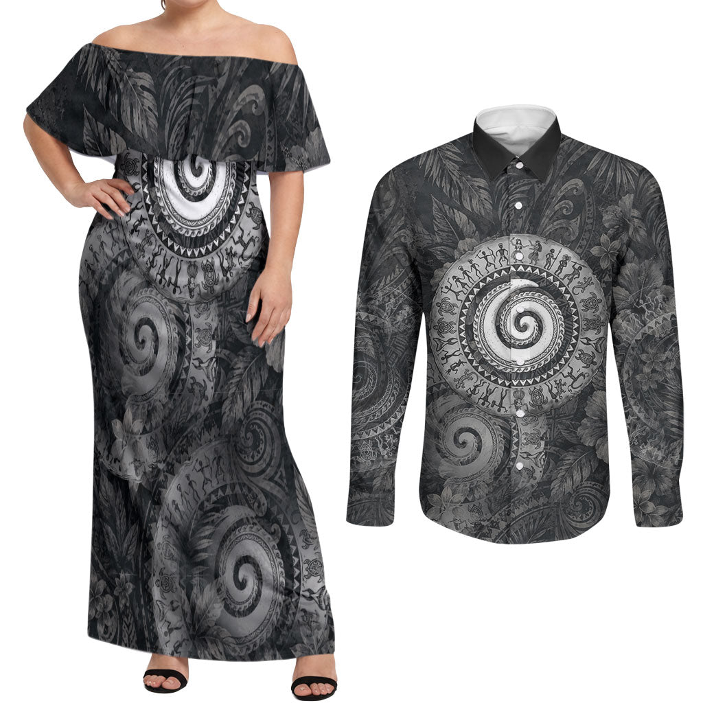 Hawaiian Piko Couples Matching Off Shoulder Maxi Dress and Long Sleeve Button Shirt Cultural Anchor Connect Your Roots Ocean Waves