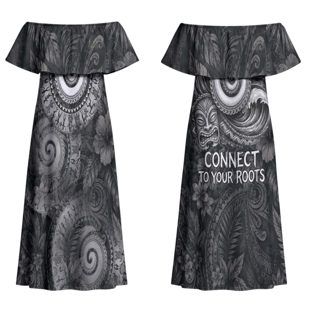 Hawaiian Piko Couples Matching Off Shoulder Maxi Dress and Long Sleeve Button Shirt Cultural Anchor Connect Your Roots Ocean Waves