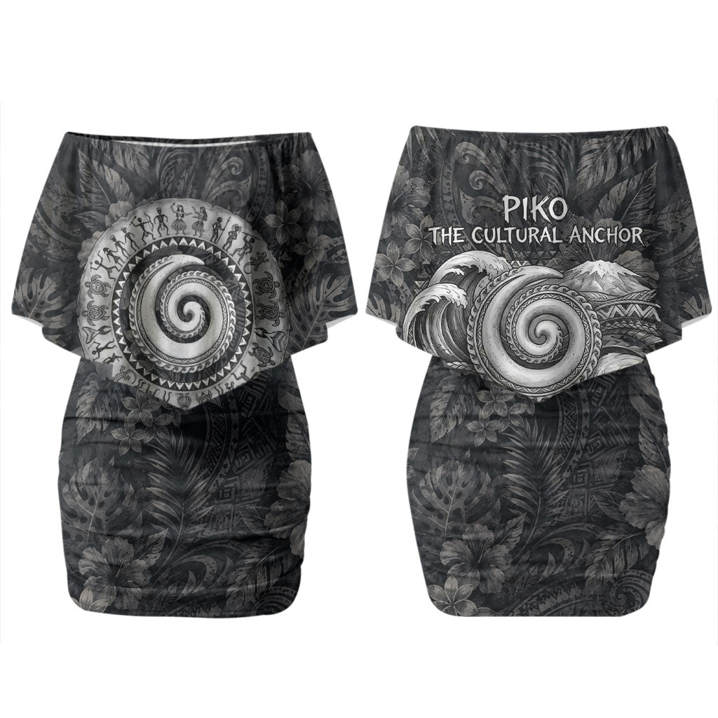 Hawaiian Piko Couples Matching Off Shoulder Short Dress and Hawaiian Shirt Cultural Anchor Connect Your Roots Ocean Waves