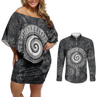 Hawaiian Piko Couples Matching Off Shoulder Short Dress and Long Sleeve Button Shirt Cultural Anchor Connect Your Roots Ocean Waves