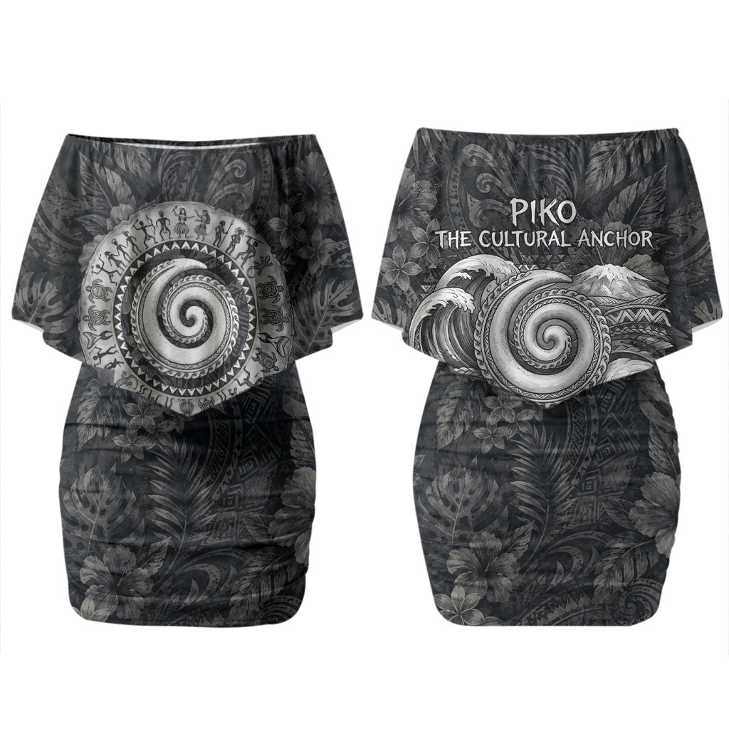Hawaiian Piko Couples Matching Off Shoulder Short Dress and Long Sleeve Button Shirt Cultural Anchor Connect Your Roots Ocean Waves