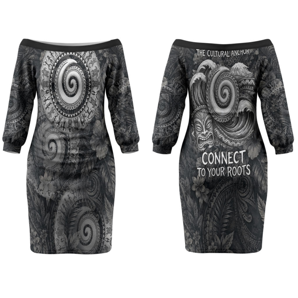 Hawaiian Piko Couples Matching Off The Shoulder Long Sleeve Dress and Hawaiian Shirt Cultural Anchor Connect Your Roots Ocean Waves