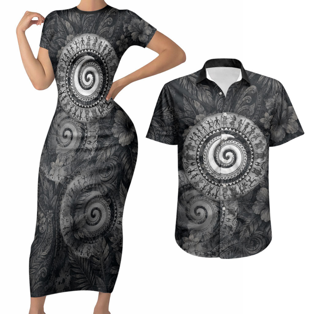 Hawaiian Piko Couples Matching Short Sleeve Bodycon Dress and Hawaiian Shirt Cultural Anchor Connect Your Roots Ocean Waves