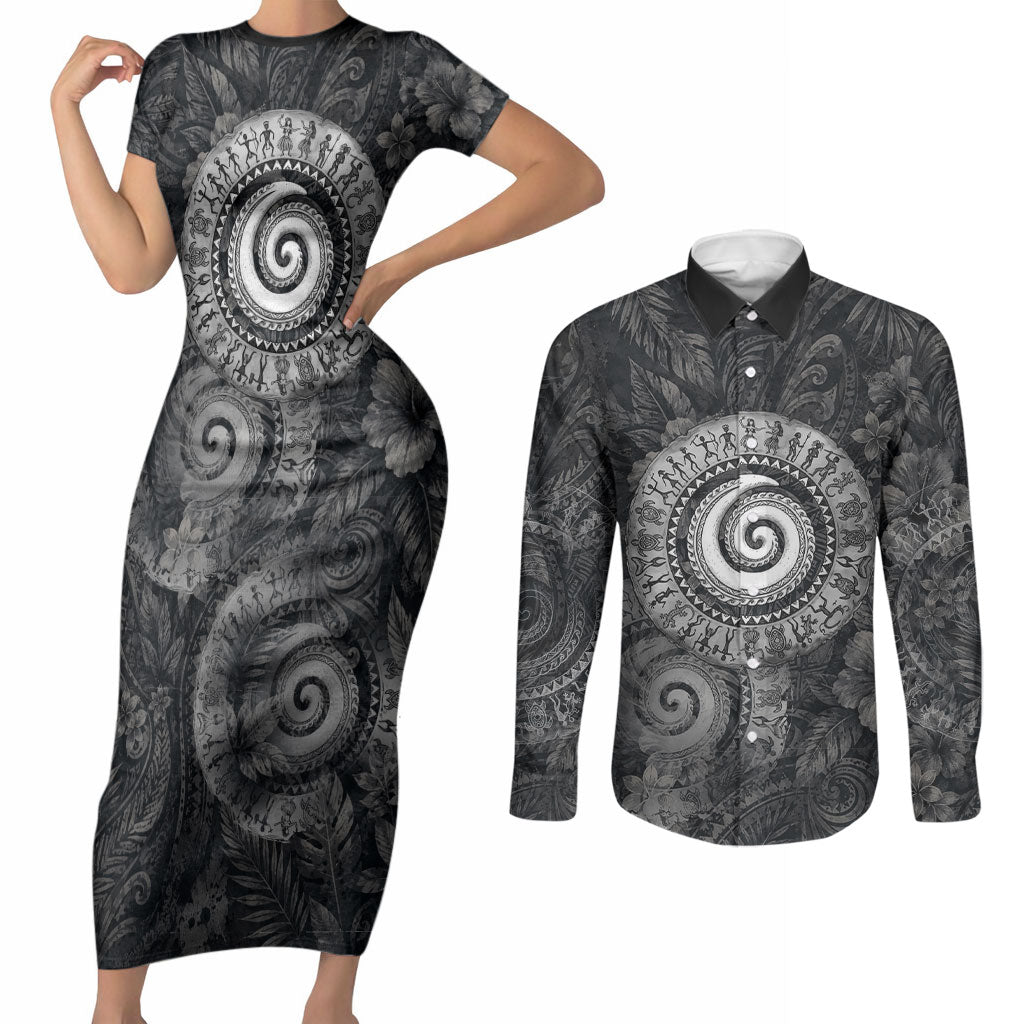 Hawaiian Piko Couples Matching Short Sleeve Bodycon Dress and Long Sleeve Button Shirt Cultural Anchor Connect Your Roots Ocean Waves