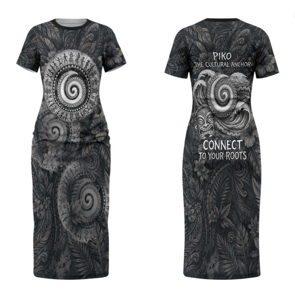 Hawaiian Piko Couples Matching Short Sleeve Bodycon Dress and Long Sleeve Button Shirt Cultural Anchor Connect Your Roots Ocean Waves