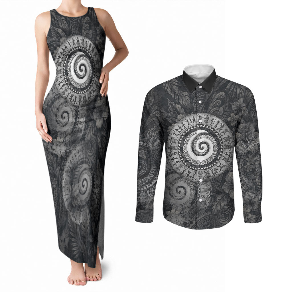 Hawaiian Piko Couples Matching Tank Maxi Dress and Long Sleeve Button Shirt Cultural Anchor Connect Your Roots Ocean Waves