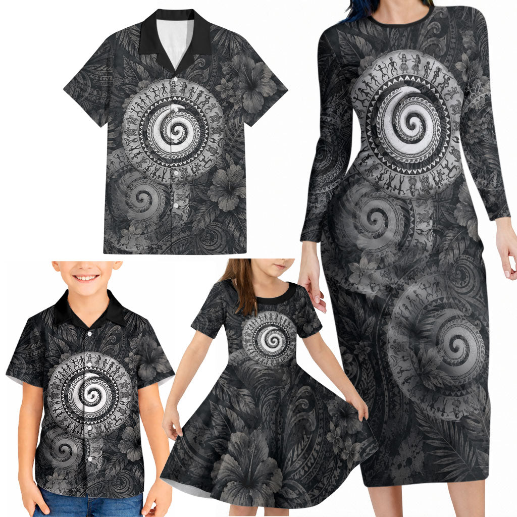 Hawaiian Piko Family Matching Long Sleeve Bodycon Dress and Hawaiian Shirt Cultural Anchor Connect Your Roots Ocean Waves
