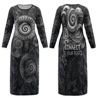 Hawaiian Piko Family Matching Long Sleeve Bodycon Dress and Hawaiian Shirt Cultural Anchor Connect Your Roots Ocean Waves