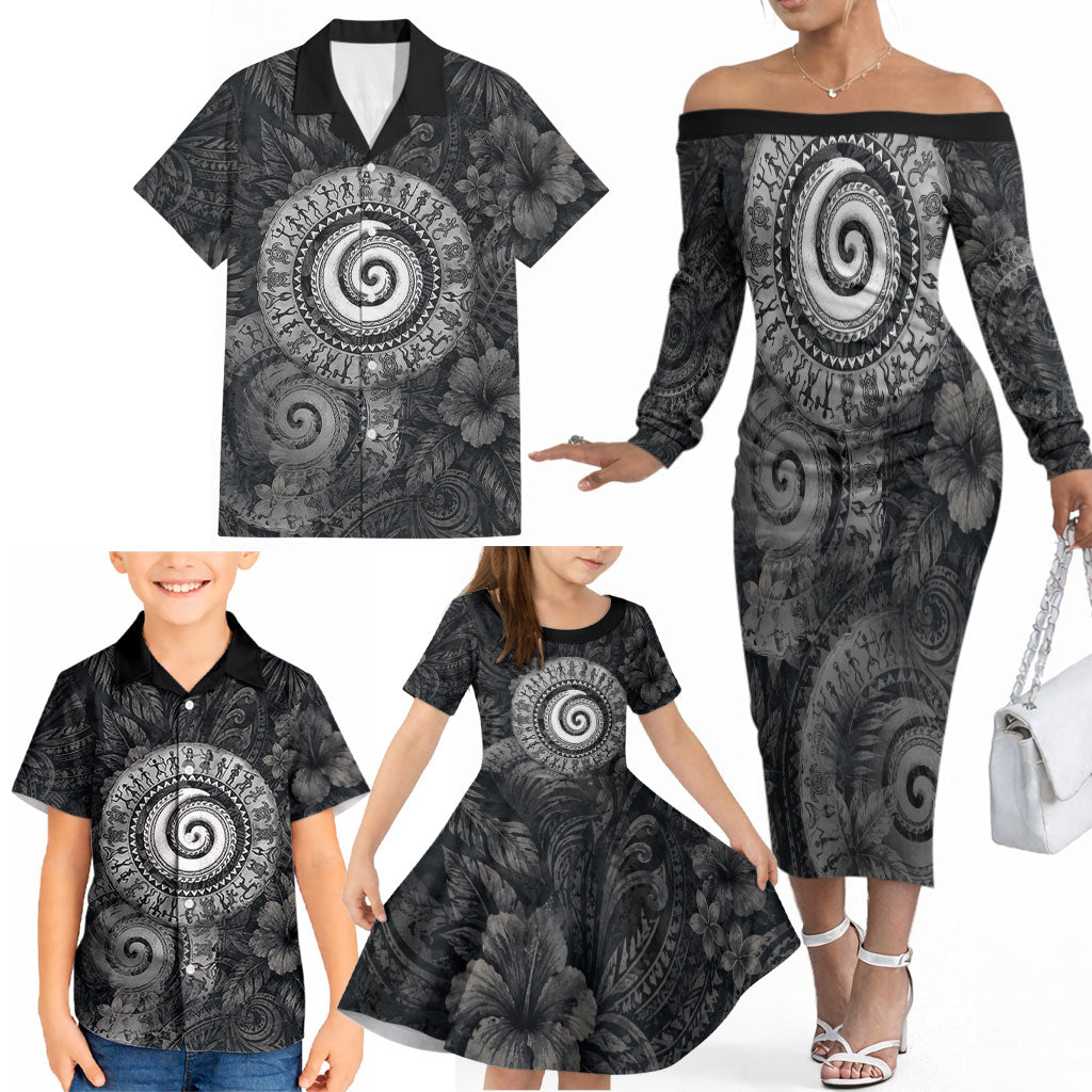 Hawaiian Piko Family Matching Off The Shoulder Long Sleeve Dress and Hawaiian Shirt Cultural Anchor Connect Your Roots Ocean Waves
