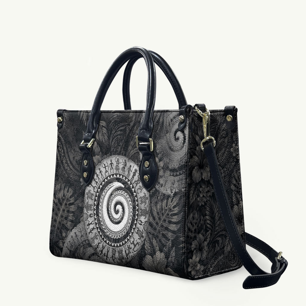 Hawaiian Piko Leather Bag Cultural Anchor Connect Your Roots Ocean Waves TS04 Black Grey - Polynesian Pride