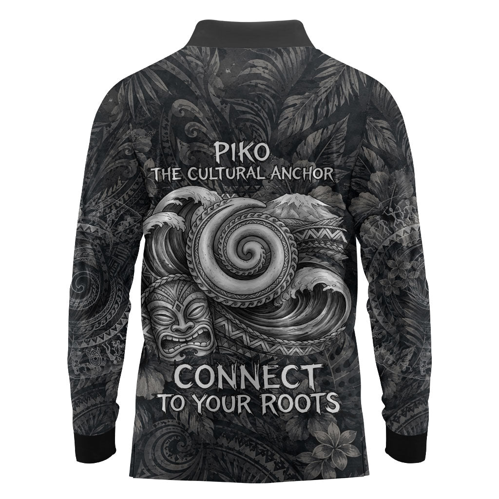 Hawaiian Piko Long Sleeve Polo Shirt Cultural Anchor Connect Your Roots Ocean Waves