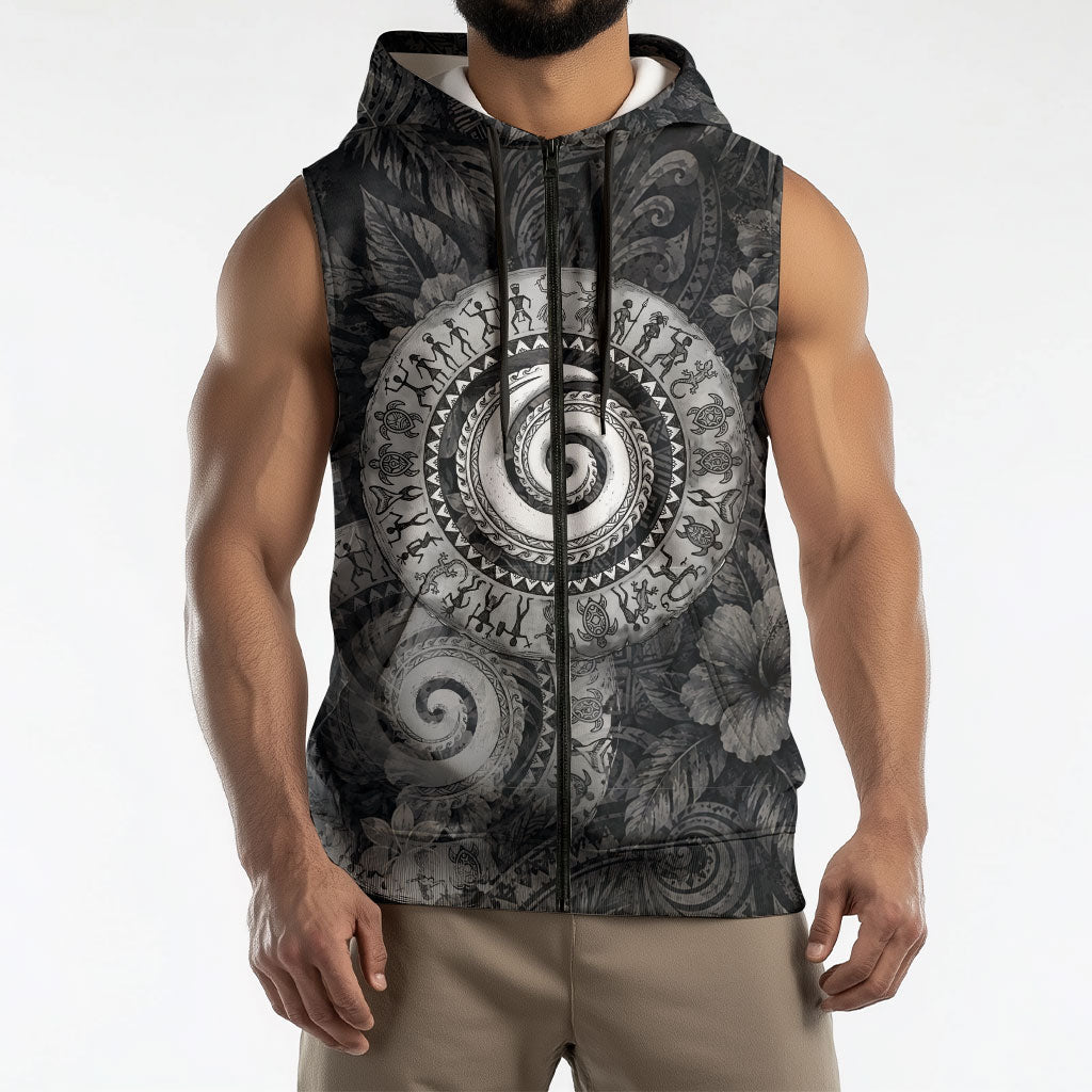 Hawaiian Piko Sleeveless Zip Hoodie Cultural Anchor Connect Your Roots Ocean Waves