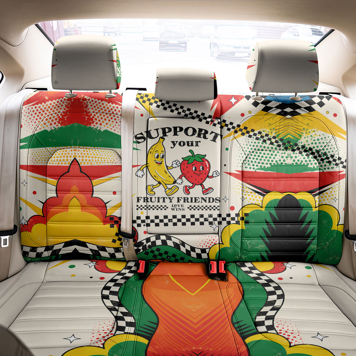 Support Your Fruity Friends Love Wins Gay Pride Back Car Seat Cover LGBTQ Retro 30s Cartoon Checkered