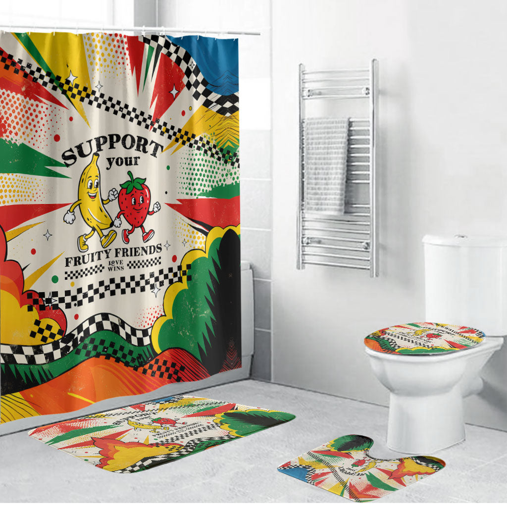 Support Your Fruity Friends Love Wins Gay Pride Bathroom Set LGBTQ Retro 30s Cartoon Checkered