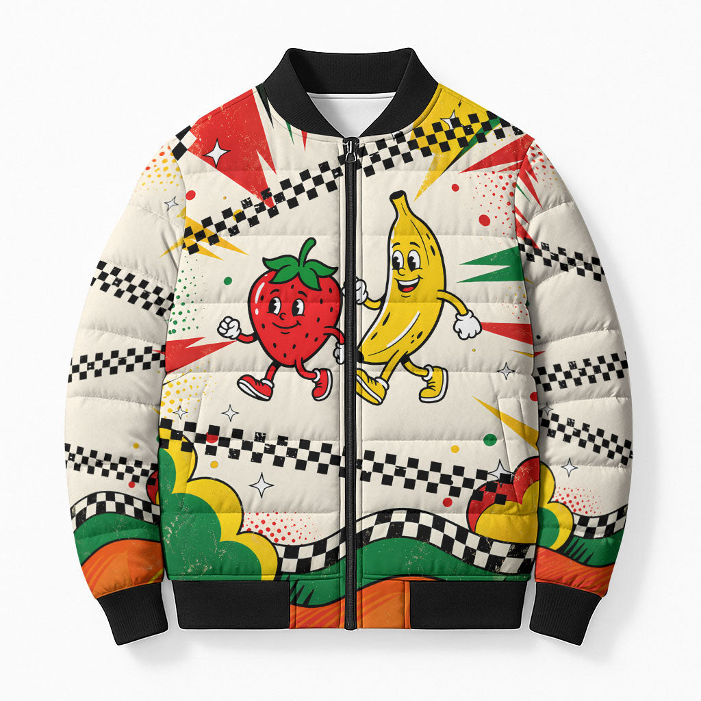 Support Your Fruity Friends Love Wins Gay Pride Bomber Puffer Jacket LGBTQ Retro 30s Cartoon Checkered
