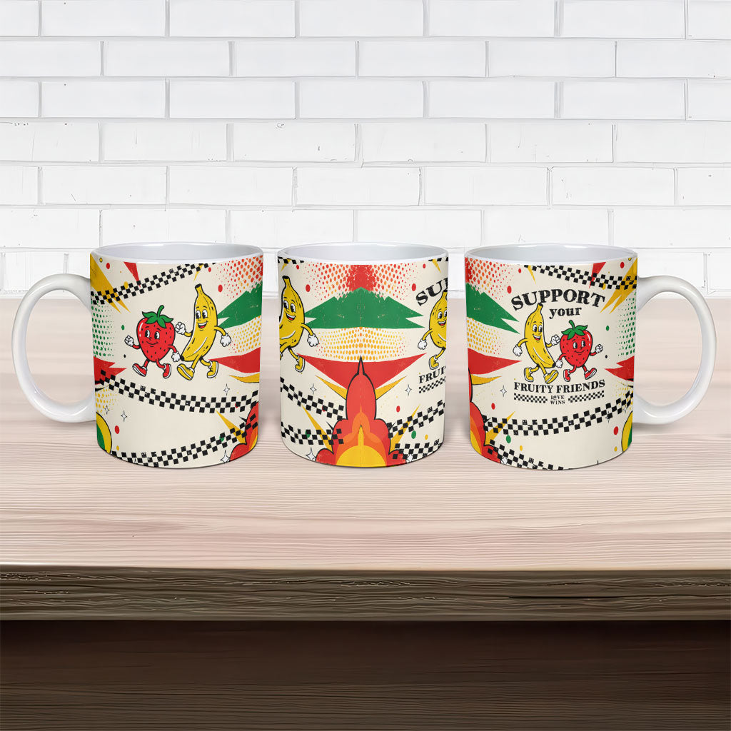 Support Your Fruity Friends Love Wins Gay Pride Ceramic Mug LGBTQ Retro 30s Cartoon Checkered
