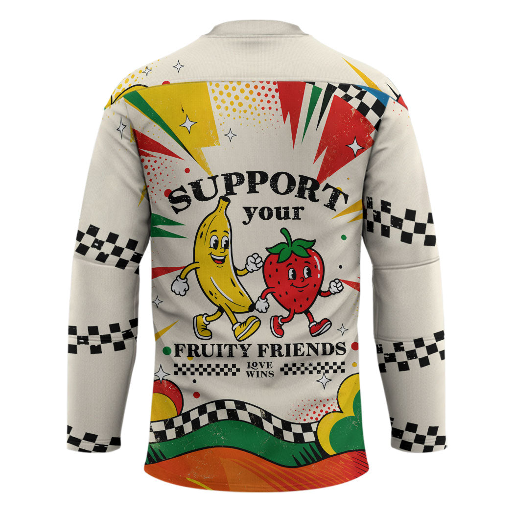 Support Your Fruity Friends Love Wins Gay Pride Hockey Jersey LGBTQ Retro 30s Cartoon Checkered