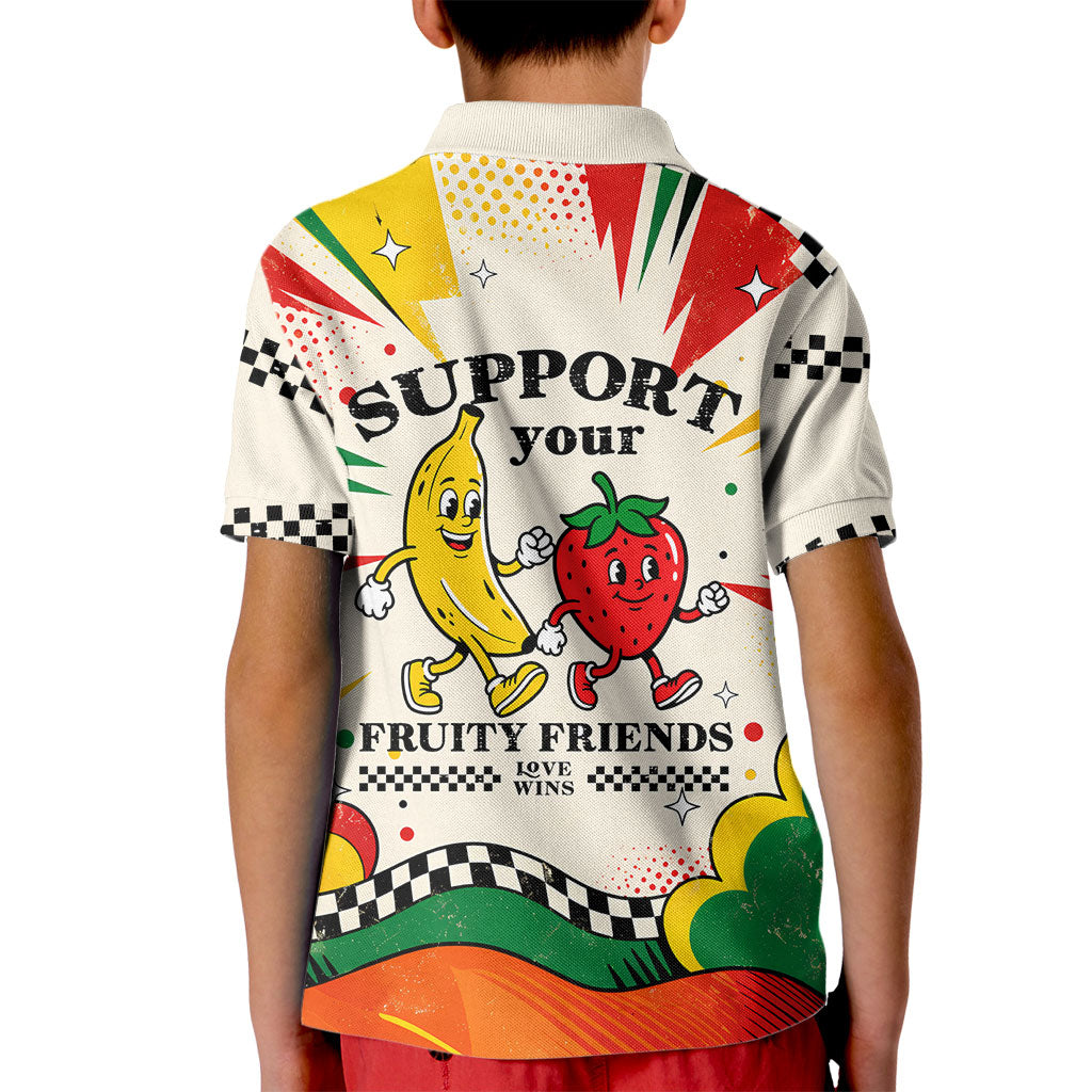 Support Your Fruity Friends Love Wins Gay Pride Kid Polo Shirt LGBTQ Retro 30s Cartoon Checkered