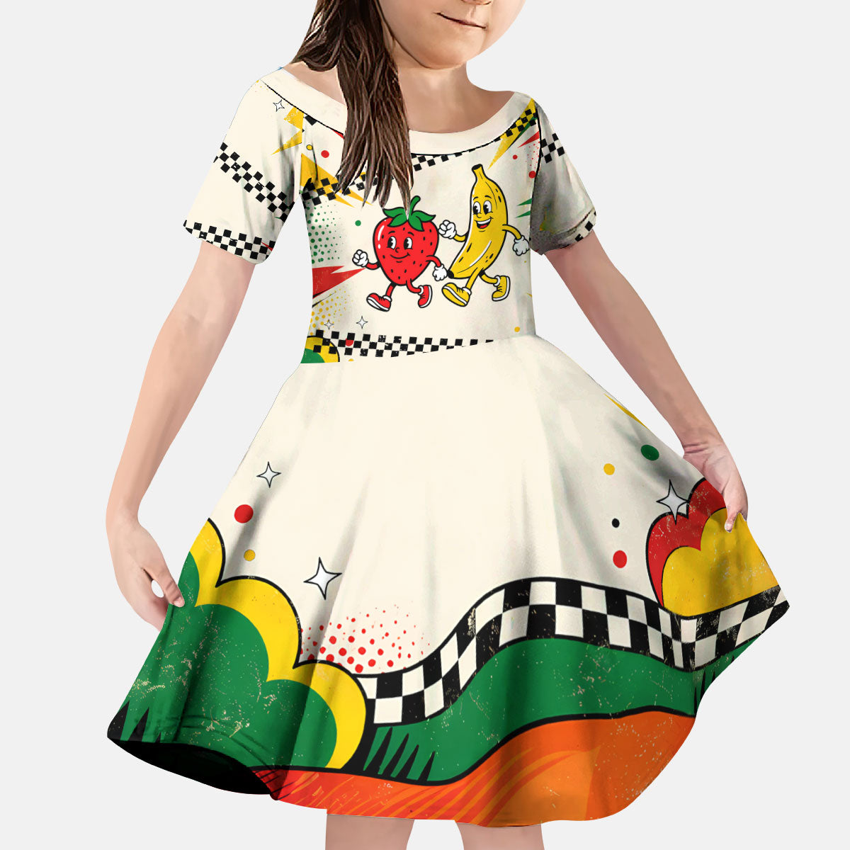 Support Your Fruity Friends Love Wins Gay Pride Kid Short Sleeve Dress LGBTQ Retro 30s Cartoon Checkered TS04 KID White Yellow - Polynesian Pride