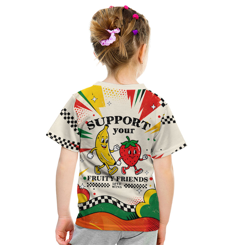 Support Your Fruity Friends Love Wins Gay Pride Kid T Shirt LGBTQ Retro 30s Cartoon Checkered