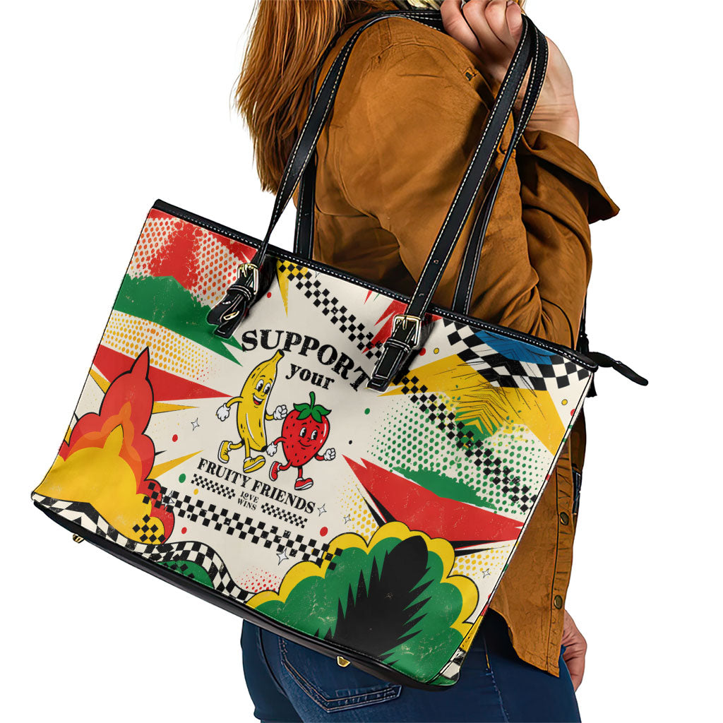 Support Your Fruity Friends Love Wins Gay Pride Leather Tote Bag LGBTQ Retro 30s Cartoon Checkered