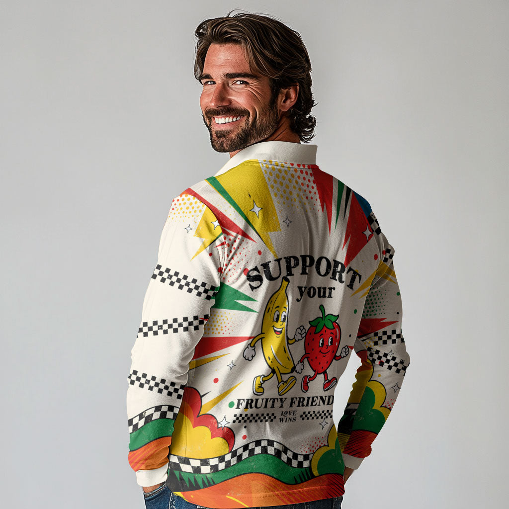 Support Your Fruity Friends Love Wins Gay Pride Long Sleeve Polo Shirt LGBTQ Retro 30s Cartoon Checkered TS04 - Polynesian Pride