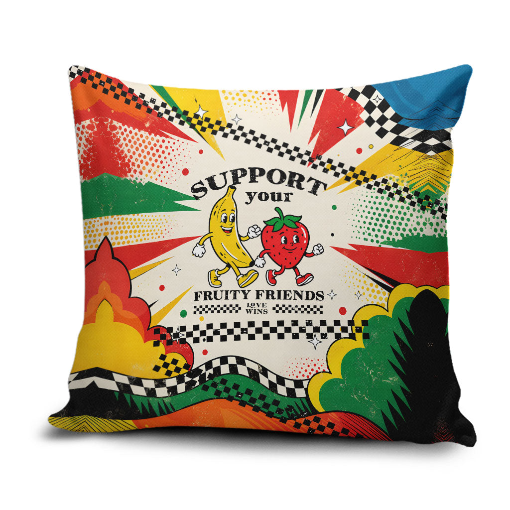 Support Your Fruity Friends Love Wins Gay Pride Pillow Cover LGBTQ Retro 30s Cartoon Checkered