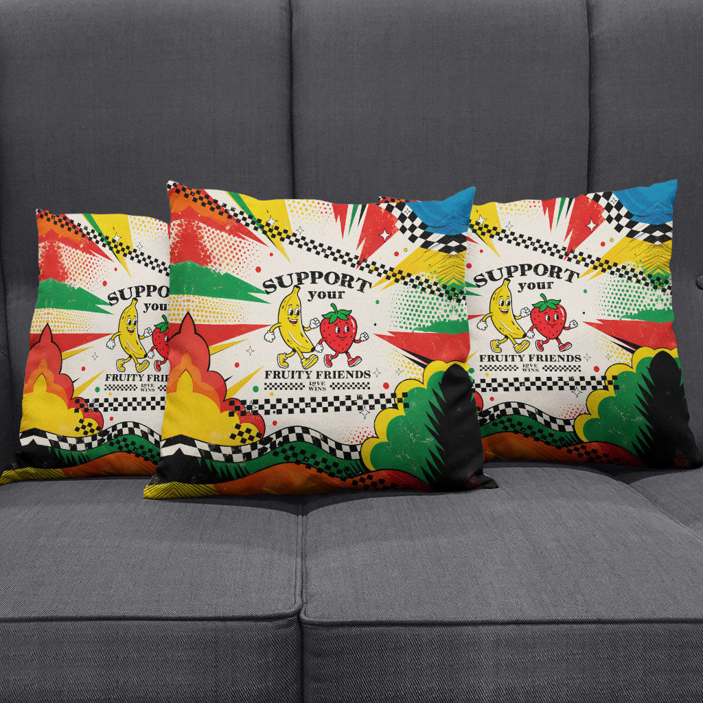 Support Your Fruity Friends Love Wins Gay Pride Pillow Cover LGBTQ Retro 30s Cartoon Checkered