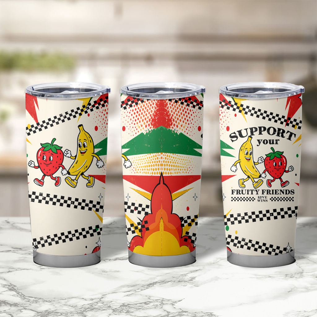 Support Your Fruity Friends Love Wins Gay Pride Tumbler Cup LGBTQ Retro 30s Cartoon Checkered