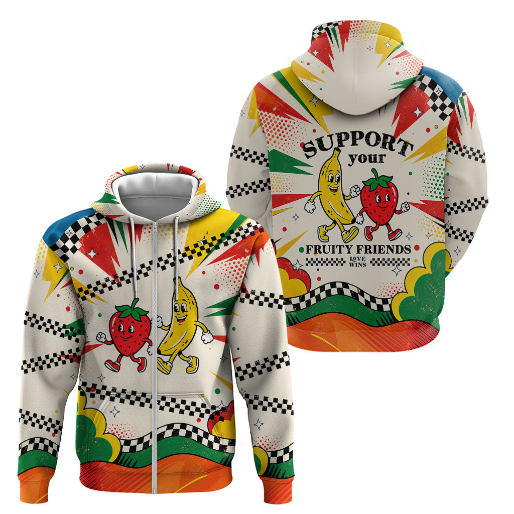 Support Your Fruity Friends Love Wins Gay Pride Zip Hoodie LGBTQ Retro 30s Cartoon Checkered