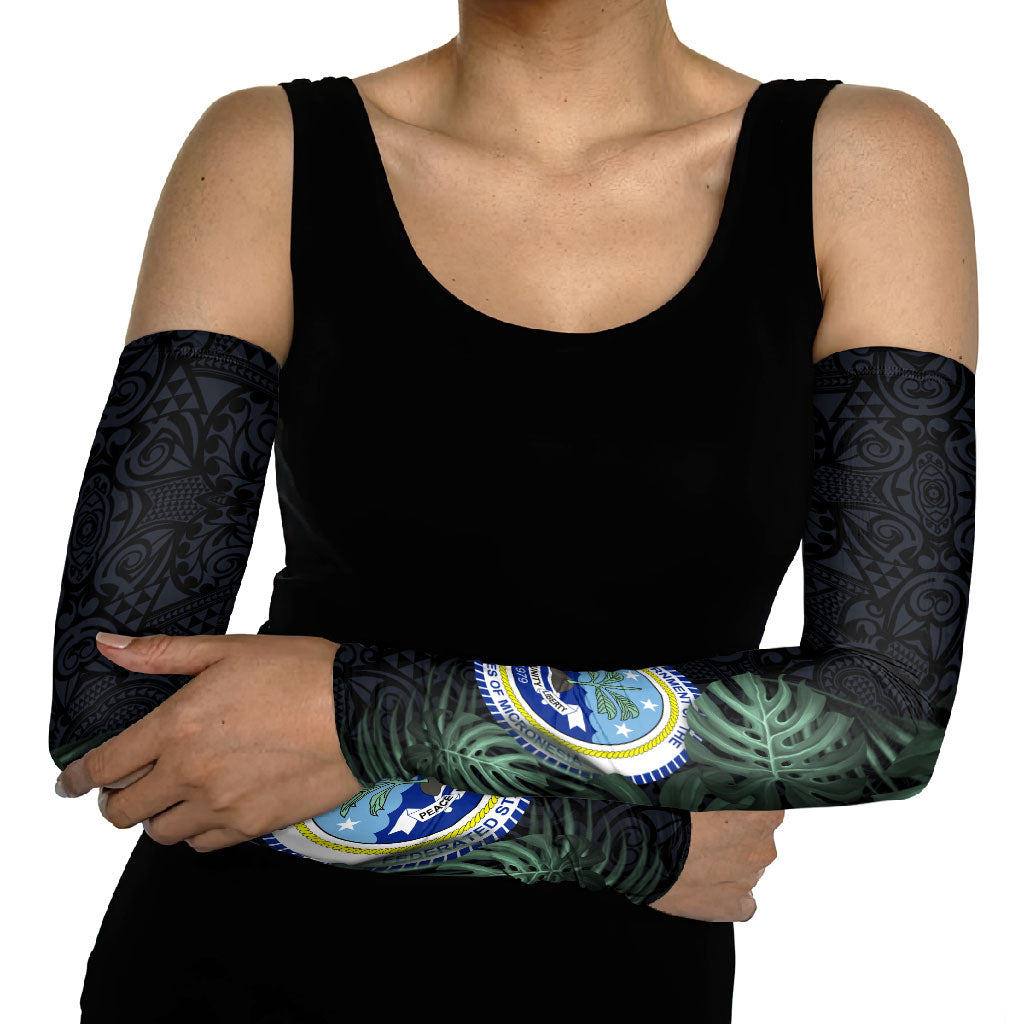 Federated States Of Micronesia Arm Sleeves FSM Tropical Monstera Leaf Dark Tribal Pattern