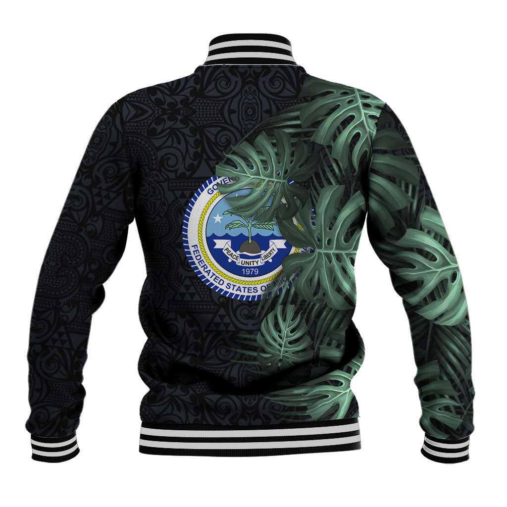 Federated States Of Micronesia Baseball Jacket FSM Tropical Monstera Leaf Dark Tribal Pattern