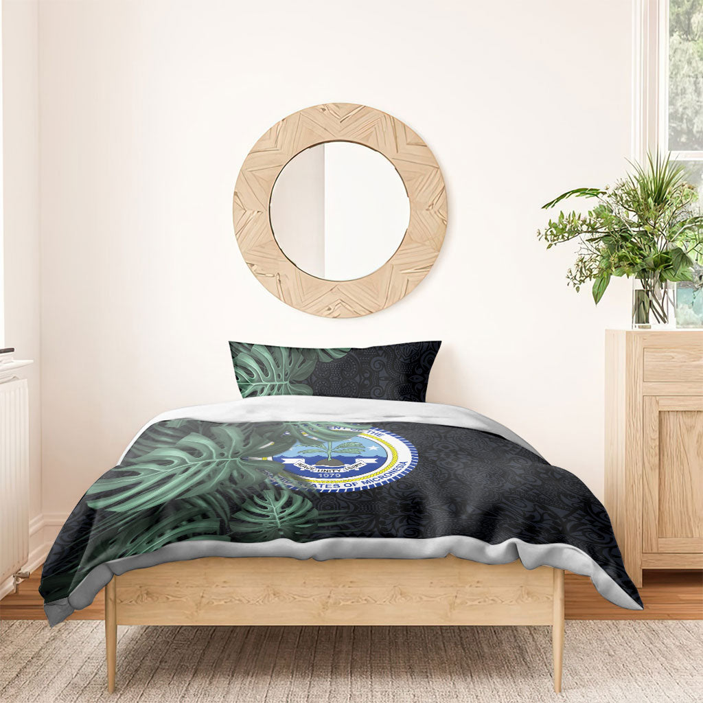 Federated States Of Micronesia Bedding Set FSM Tropical Monstera Leaf Dark Tribal Pattern
