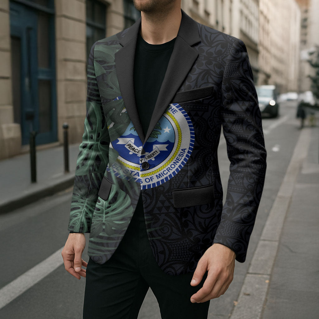 Federated States Of Micronesia Blazer FSM Tropical Monstera Leaf Dark Tribal Pattern