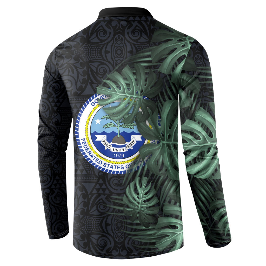Federated States Of Micronesia Button Sweatshirt FSM Tropical Monstera Leaf Dark Tribal Pattern