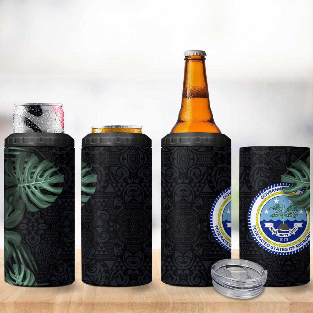 Federated States Of Micronesia 4 in 1 Can Cooler Tumbler FSM Tropical Monstera Leaf Dark Tribal Pattern