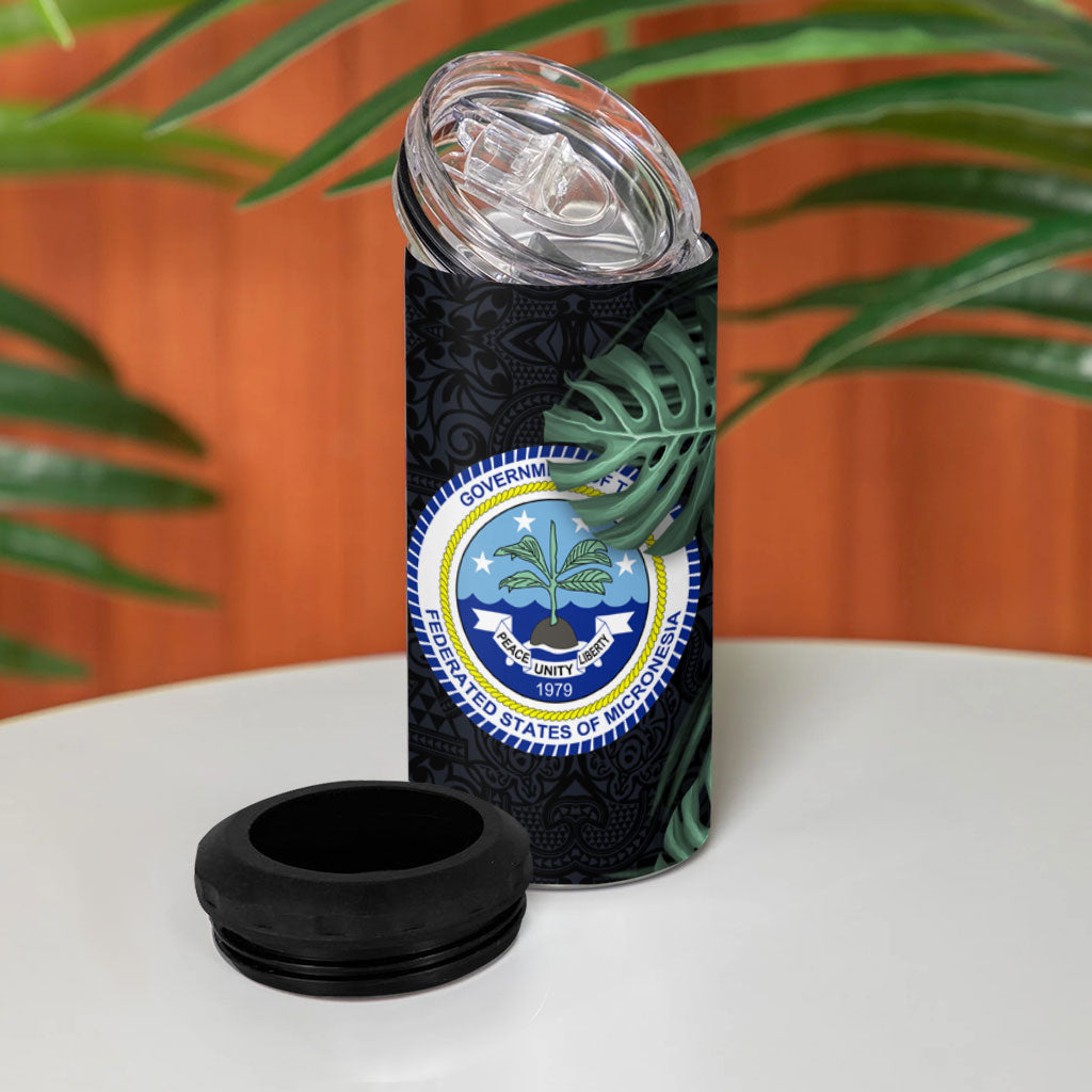 Federated States Of Micronesia 4 in 1 Can Cooler Tumbler FSM Tropical Monstera Leaf Dark Tribal Pattern