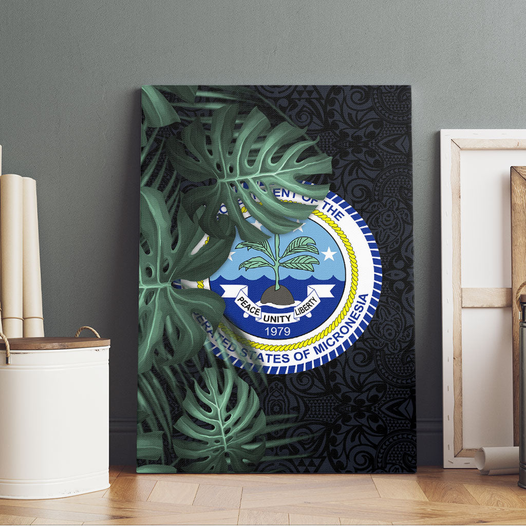 Federated States Of Micronesia Canvas Wall Art FSM Tropical Monstera Leaf Dark Tribal Pattern