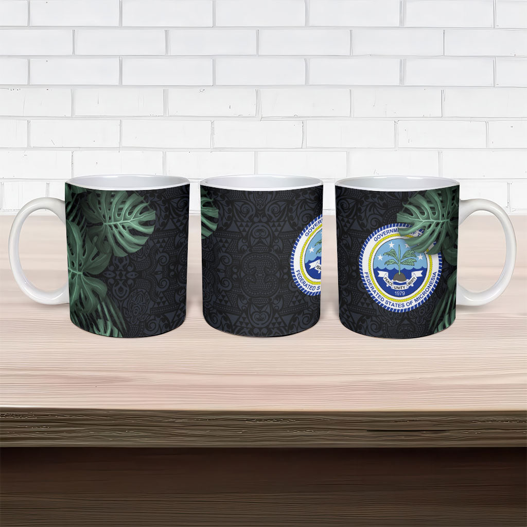 Federated States Of Micronesia Ceramic Mug FSM Tropical Monstera Leaf Dark Tribal Pattern