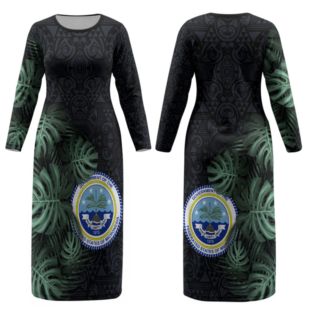 Federated States Of Micronesia Couples Matching Long Sleeve Bodycon Dress and Long Sleeve Button Shirt FSM Tropical Monstera Leaf Dark Tribal Pattern