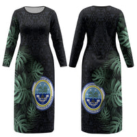 Federated States Of Micronesia Couples Matching Long Sleeve Bodycon Dress and Long Sleeve Button Shirt FSM Tropical Monstera Leaf Dark Tribal Pattern