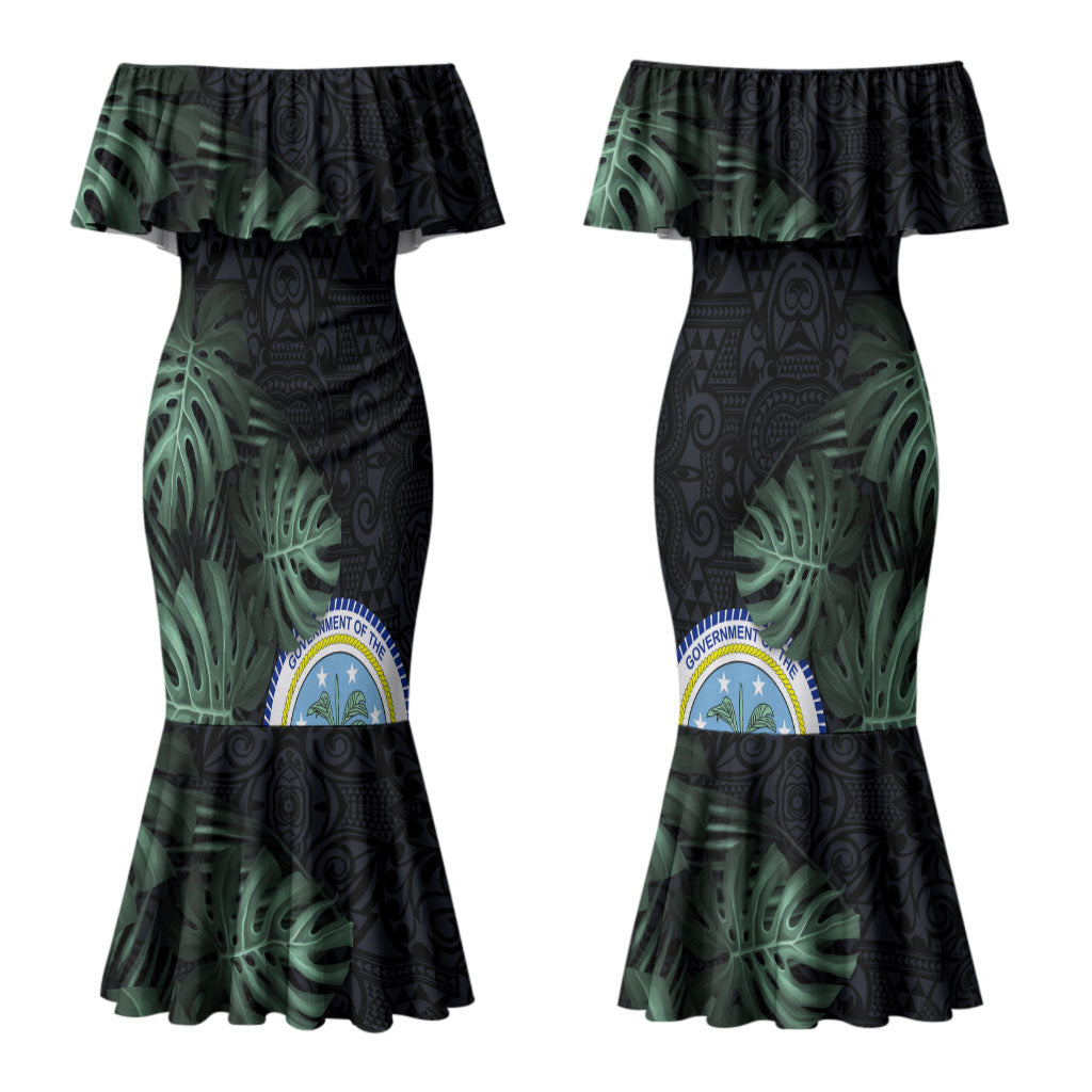 Federated States Of Micronesia Couples Matching Mermaid Dress and Hawaiian Shirt FSM Tropical Monstera Leaf Dark Tribal Pattern