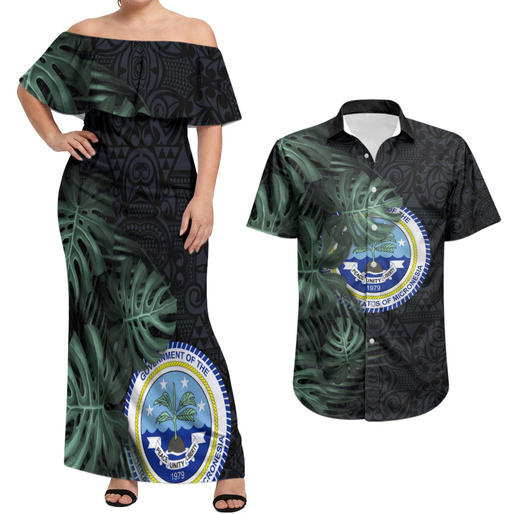 Federated States Of Micronesia Couples Matching Off Shoulder Maxi Dress and Hawaiian Shirt FSM Tropical Monstera Leaf Dark Tribal Pattern