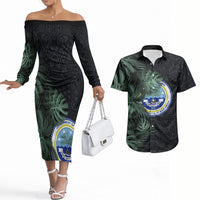 Federated States Of Micronesia Couples Matching Off The Shoulder Long Sleeve Dress and Hawaiian Shirt FSM Tropical Monstera Leaf Dark Tribal Pattern