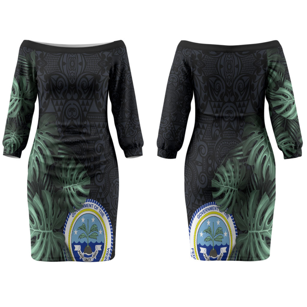Federated States Of Micronesia Couples Matching Off The Shoulder Long Sleeve Dress and Hawaiian Shirt FSM Tropical Monstera Leaf Dark Tribal Pattern