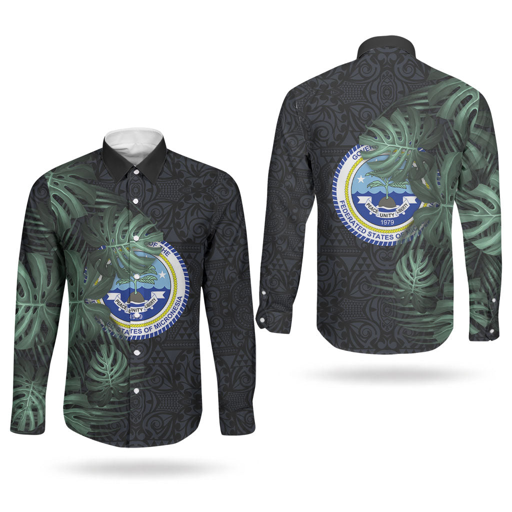 Federated States Of Micronesia Couples Matching Puletasi and Long Sleeve Button Shirt FSM Tropical Monstera Leaf Dark Tribal Pattern